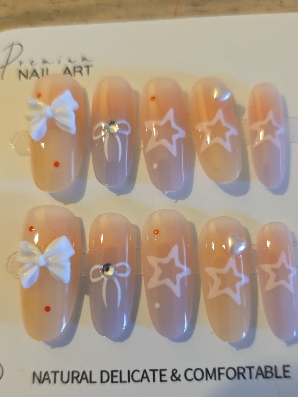 Press-On Set- Nude Pink Star & Bow Design Size Small